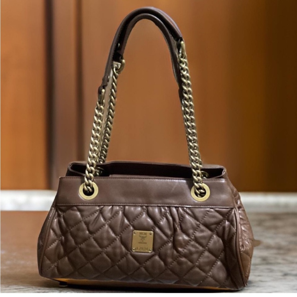 MCM Brown Leather Quilted Chain Detail Shoulder Bag - Picture 3 of 16